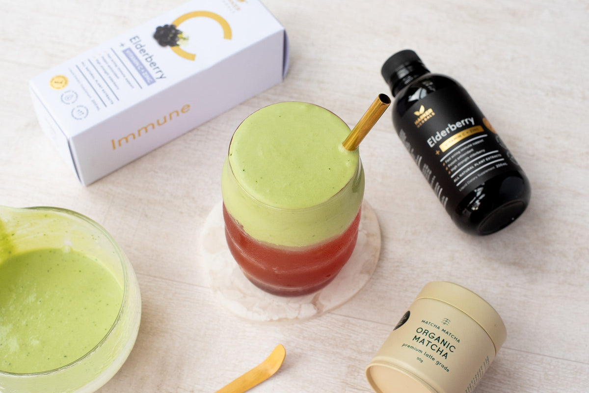Elderberry Coconut Matcha Cloud drink with product surrounding it that help to create the recipe