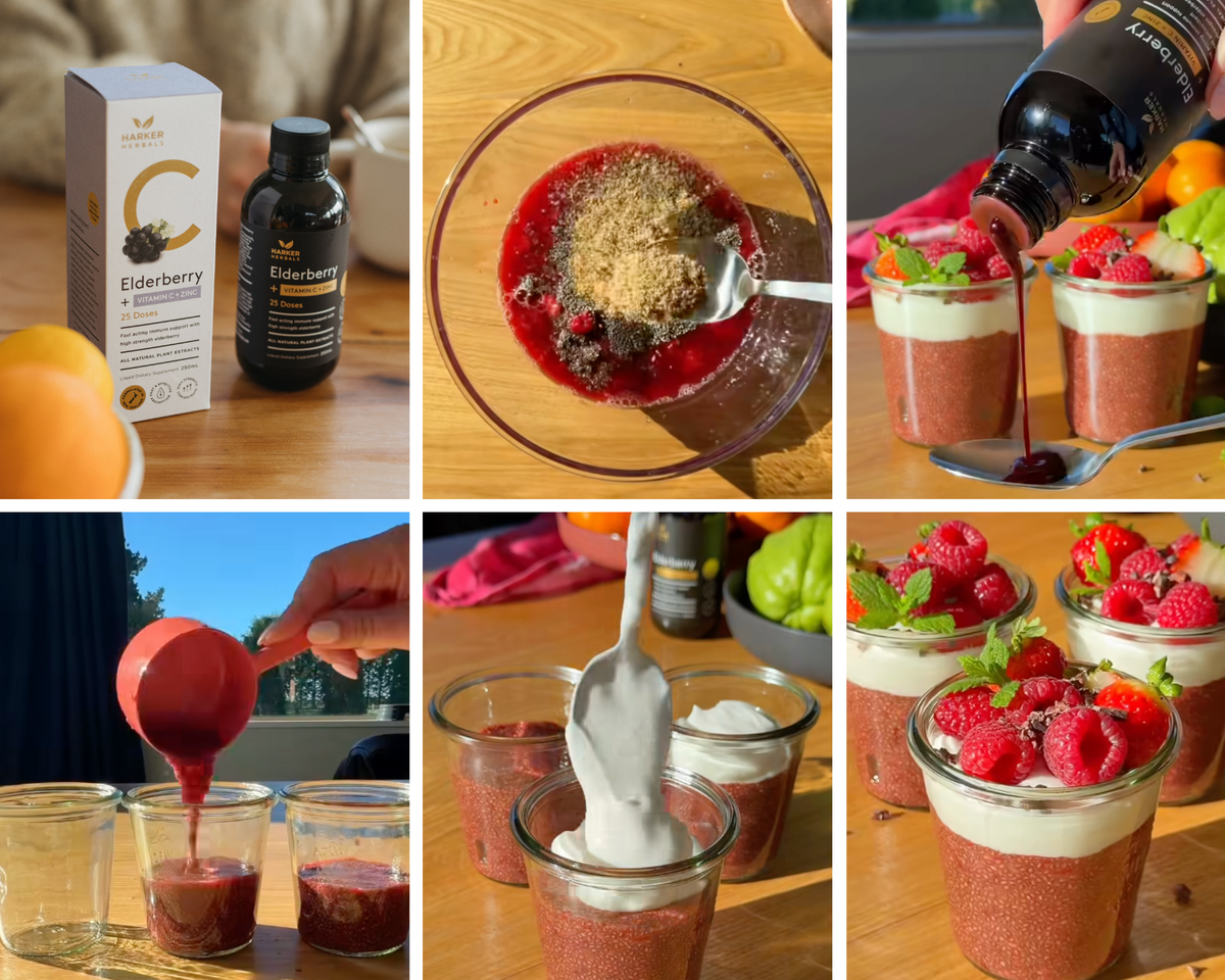 Elderberry Raspberry Chia Pudding recipe shots showing making the chia pots